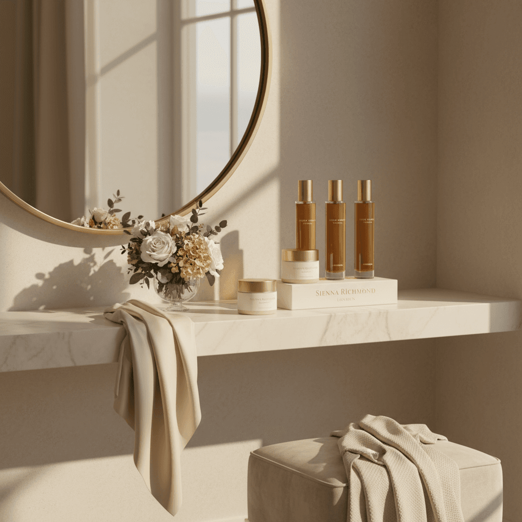 Curated luxury product display on elegant vanity shelf