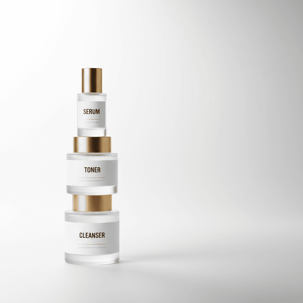 Three stacked premium skincare bottles in neutral tones