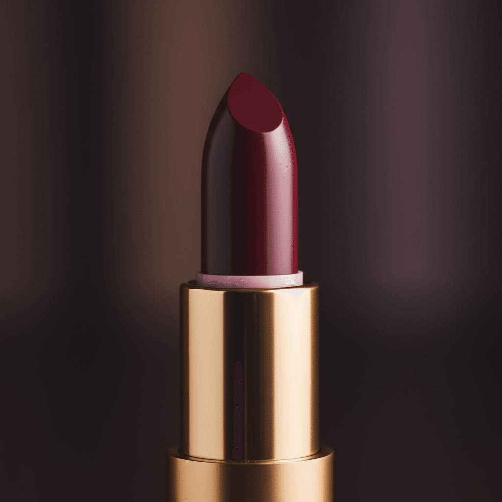 Deep burgundy luxury lipstick with metallic finish
