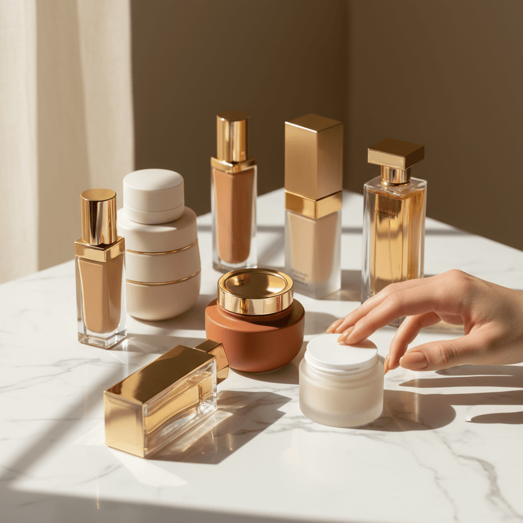 Curated collection of premium beauty and fragrance products on marble surface with soft natural lighting
