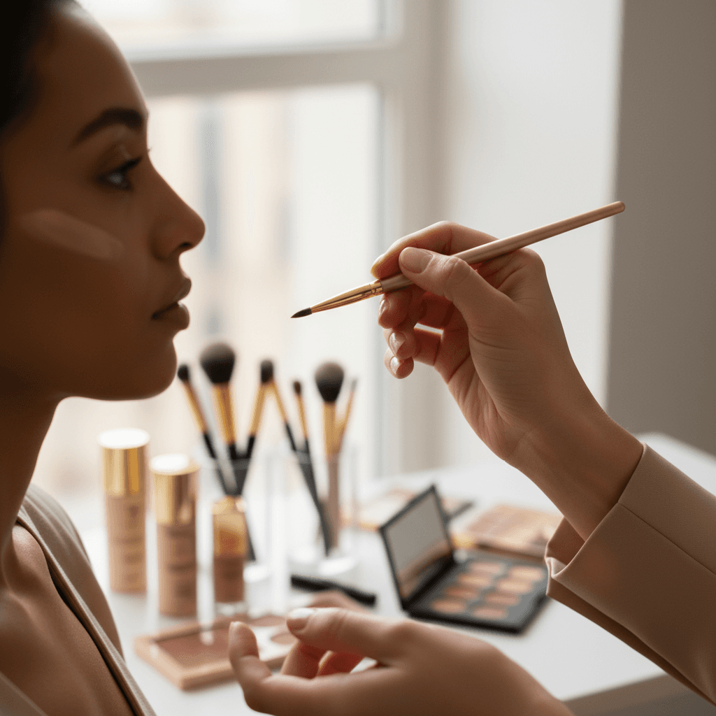 Makeup artist applying foundation to model