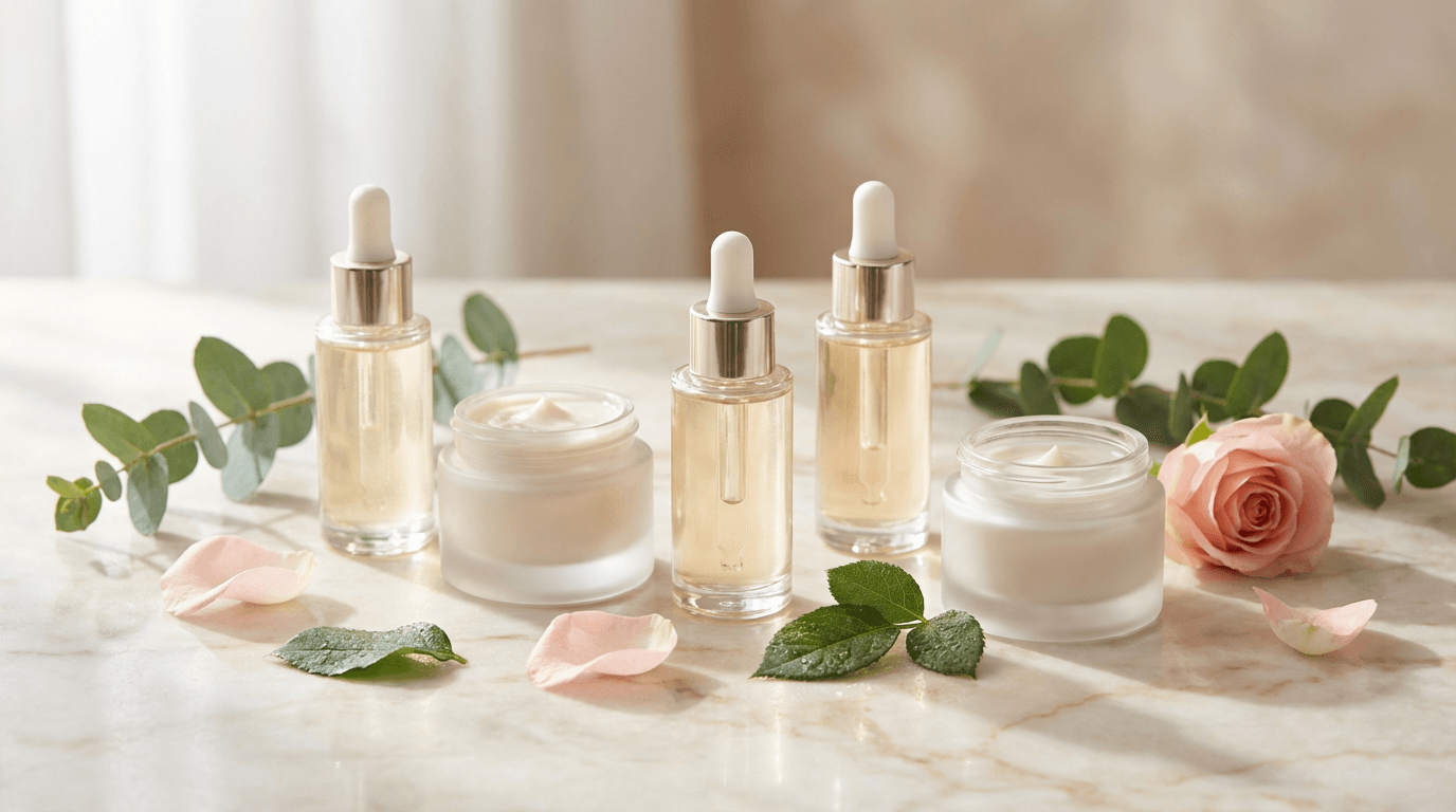 Luxury skincare products and cosmetics arranged on marble with fresh botanicals and soft golden lighting.