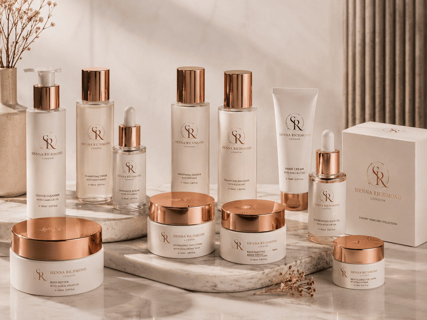 Sienna Richmond London luxury skincare products in white and rose gold packaging on marble.