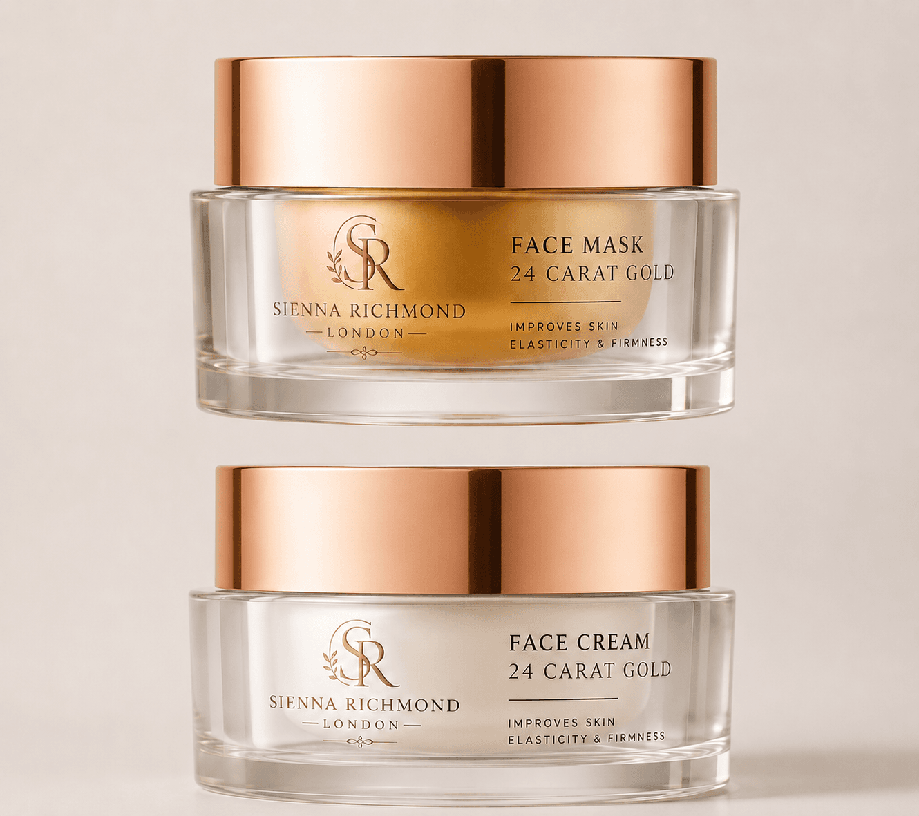 Stacked glass jars of Sienna Richmond 24 Carat Gold face mask and face cream.