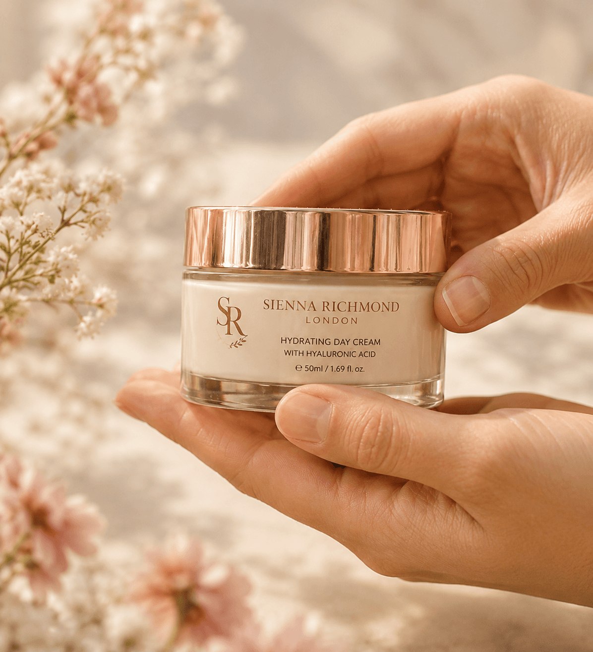 Hands holding Sienna Richmond London Hydrating Day Cream jar with rose gold lid among flowers.