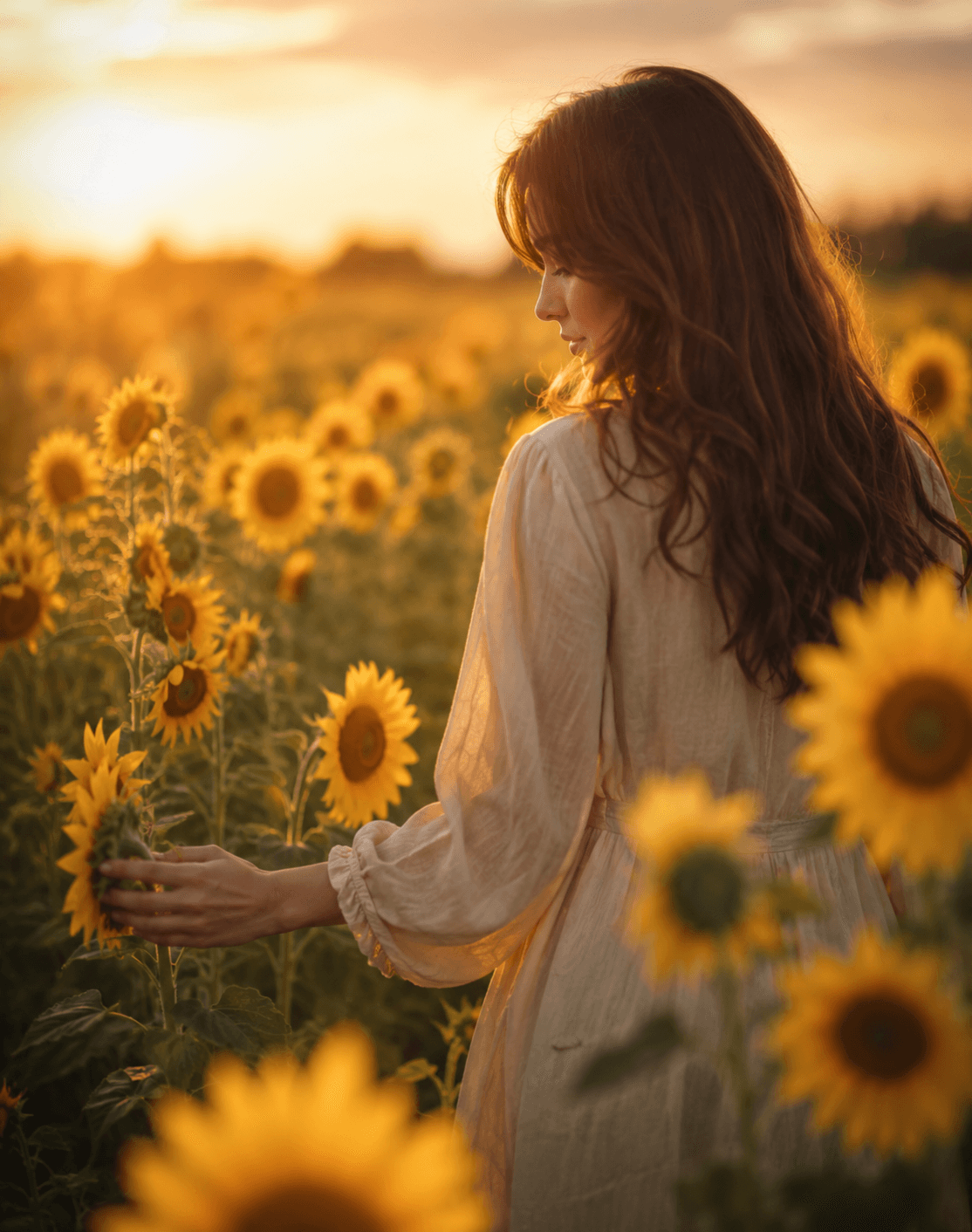 Woman with long hair touches a sunflower in a field during a golden sunset.