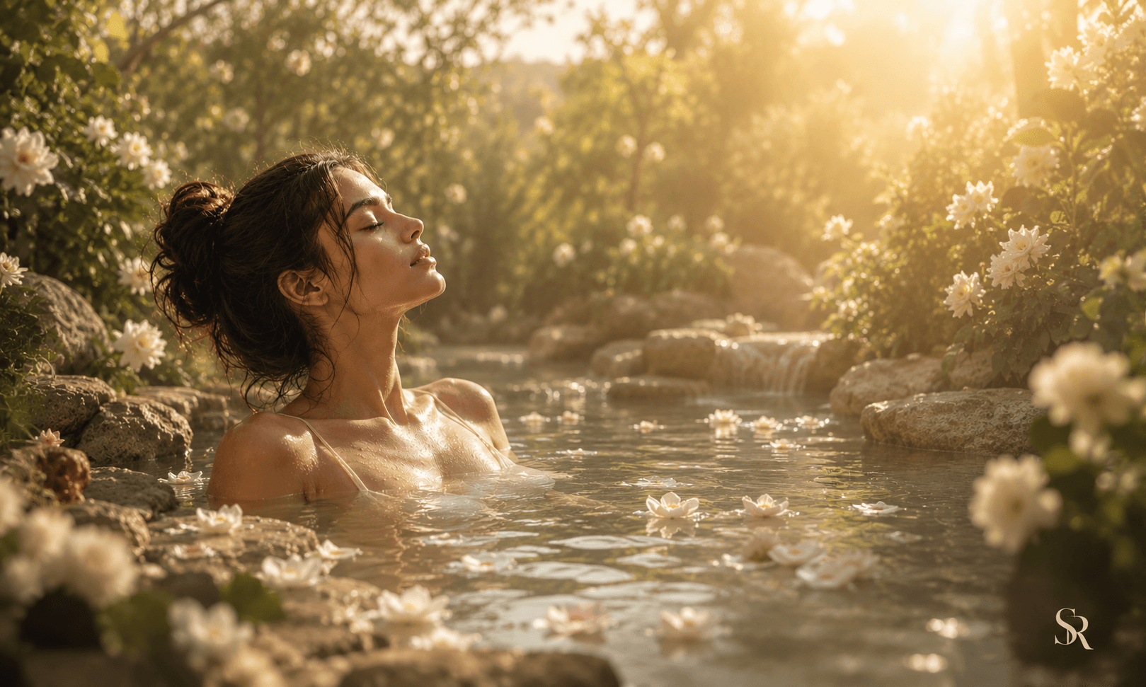 Serene woman bathing in a sunlit natural spring filled with floating white flowers and lush greenery.