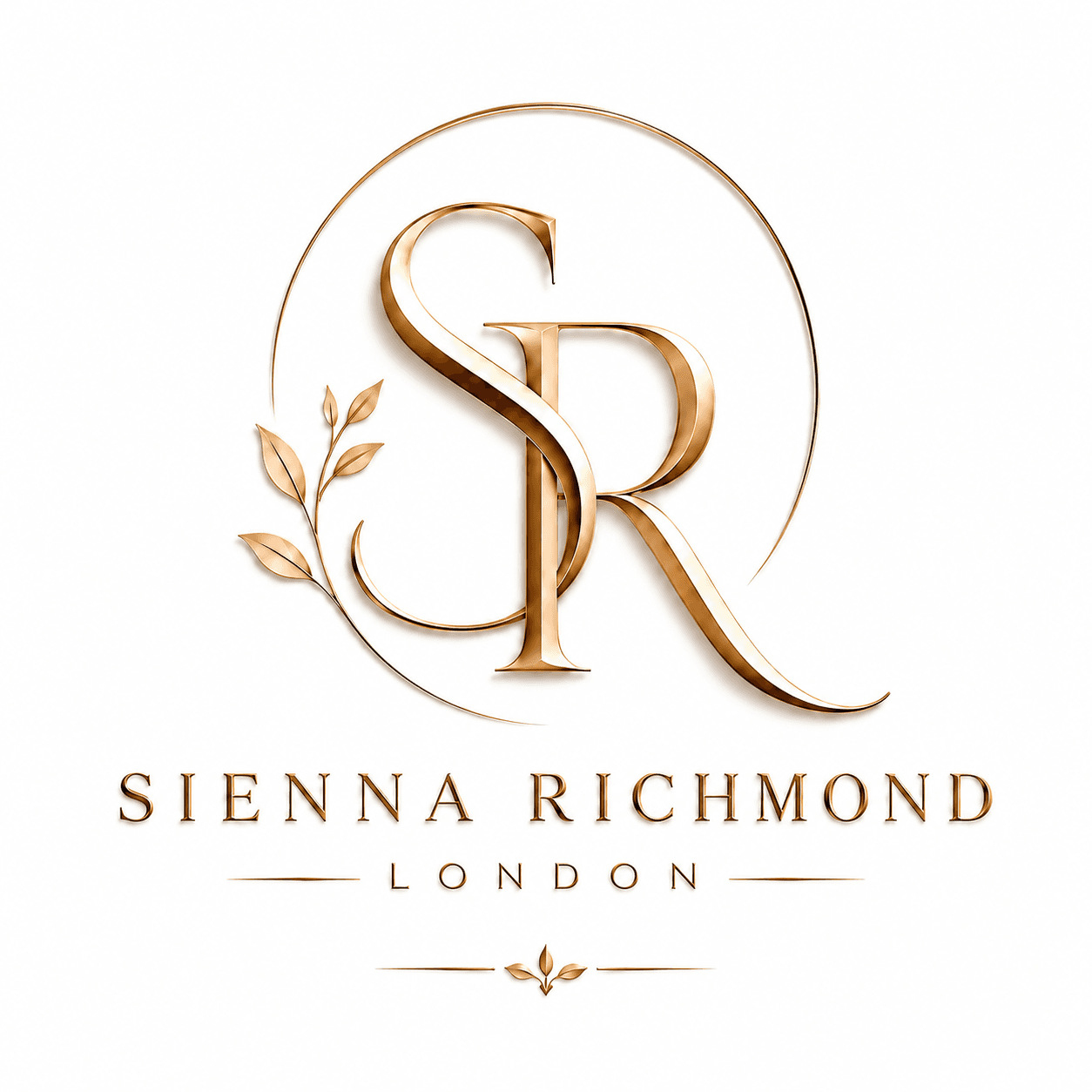 Elegant gold logo featuring intertwined SR initials, a leafy branch, and text Sienna Richmond London.