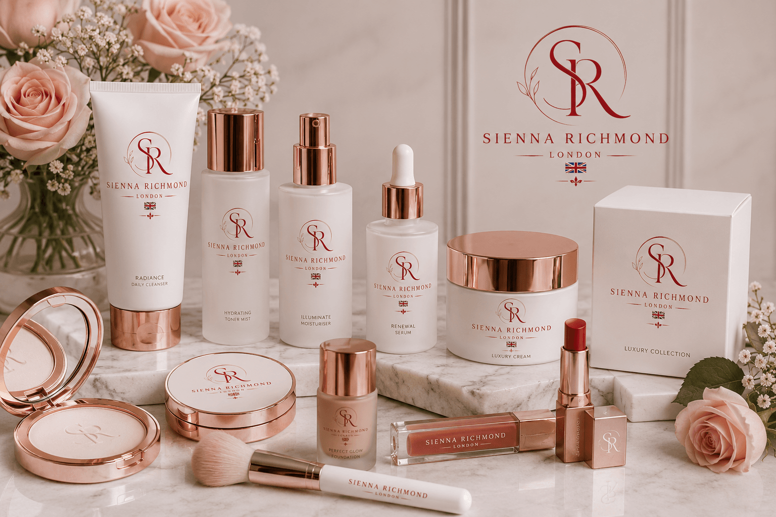Sienna Richmond London luxury beauty products in white and rose gold packaging on marble.
