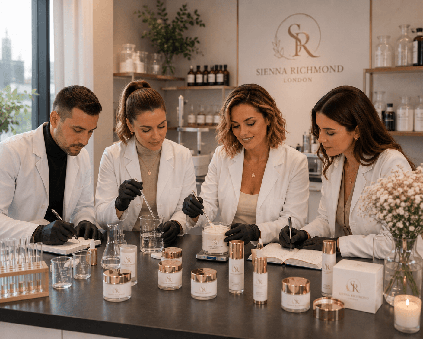 Four professionals in lab coats formulating skincare products at a table with beakers and jars.