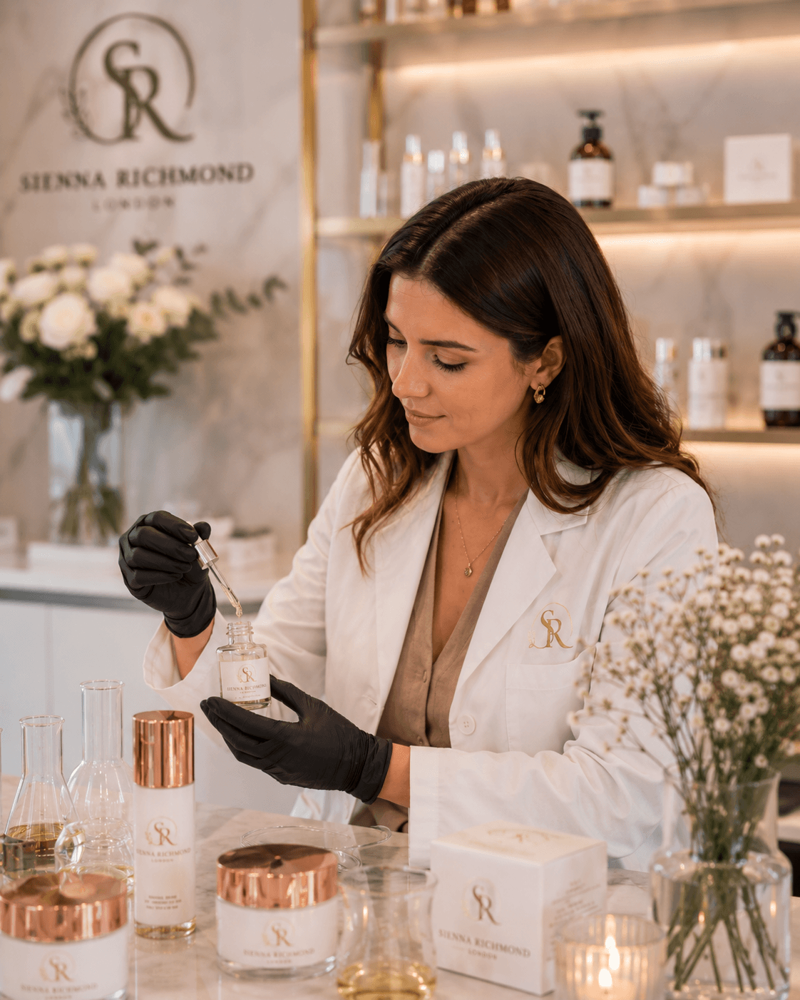Woman in a white lab coat and black gloves using a dropper for skincare formulation.