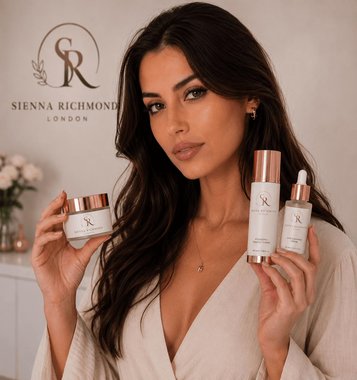 Woman holding Sienna Richmond London skincare products, including a jar, toner, and serum bottle.