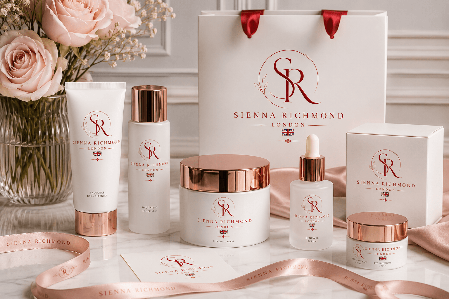 Sienna Richmond London luxury skincare collection displayed with pink roses and branded packaging.