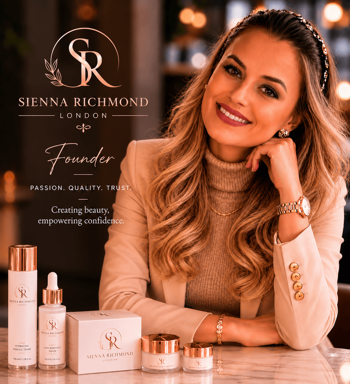 Founder Sienna Richmond smiles behind her luxury skincare products in white and rose gold packaging.