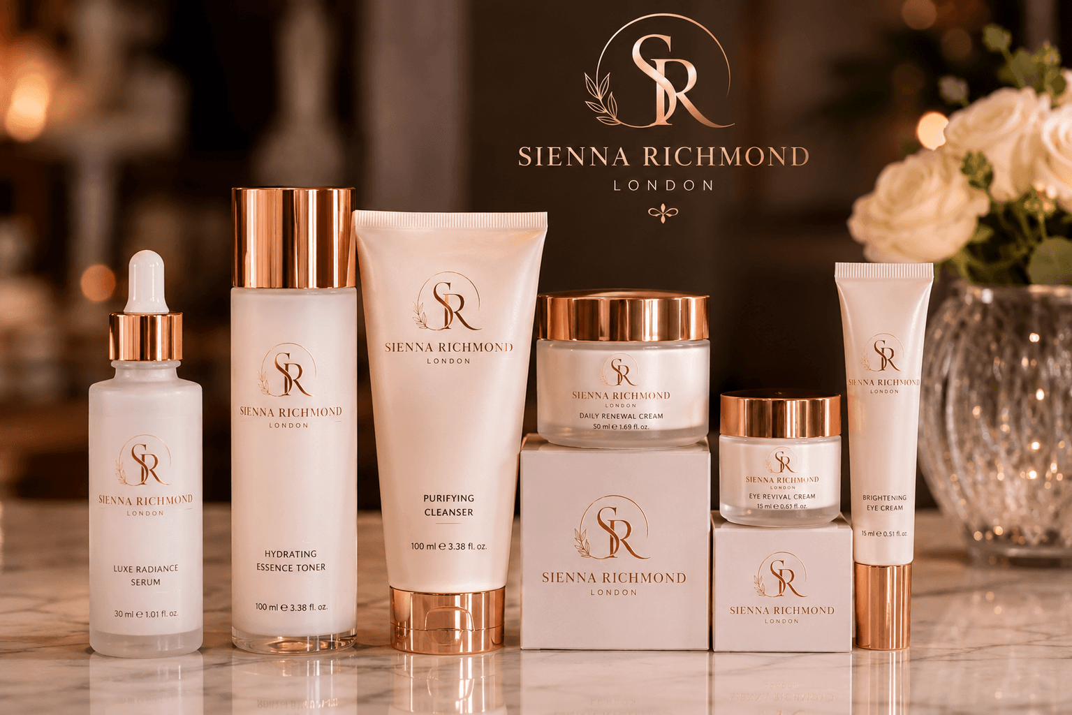 Sienna Richmond London luxury skincare range featuring white bottles with rose gold caps on marble.